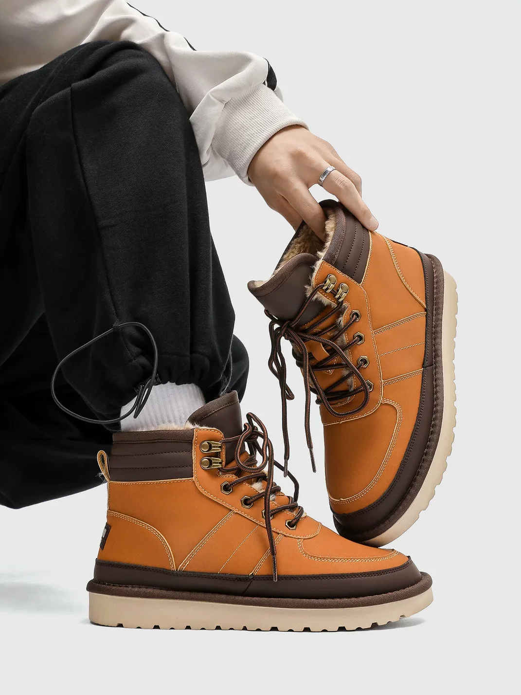 UenoPlanet | Colorblock Lace-Up Plush-Lined Snow Boots