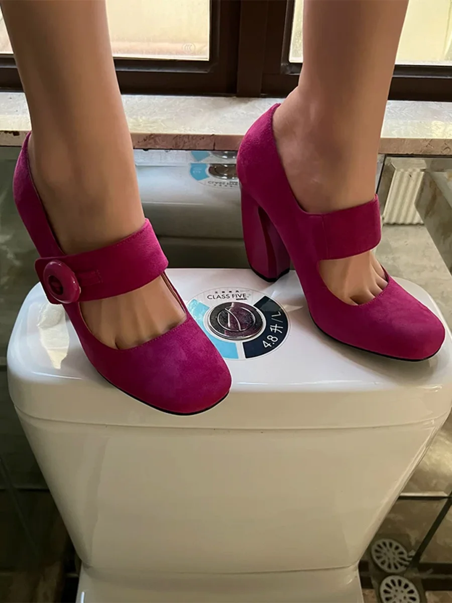 9HaoXieFang | Retro Round Toe Mary Jane Block Heel Pumps - 4