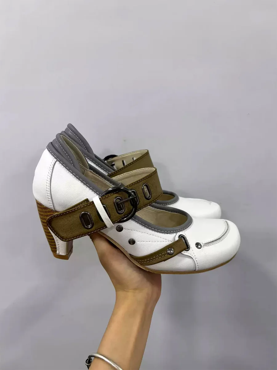 HGDZNXSJ | Round-Toe Embroidered Metal Buckle Block Heel Shoes - 2
