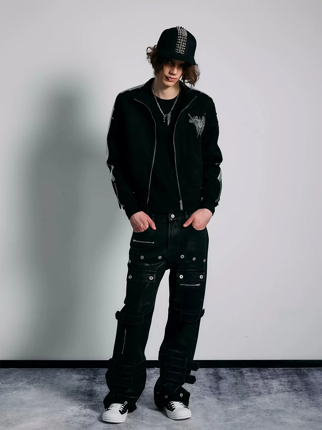 PAIKI | Slim-Fit Studded Wing Embroidered Stand-Collar Jacket