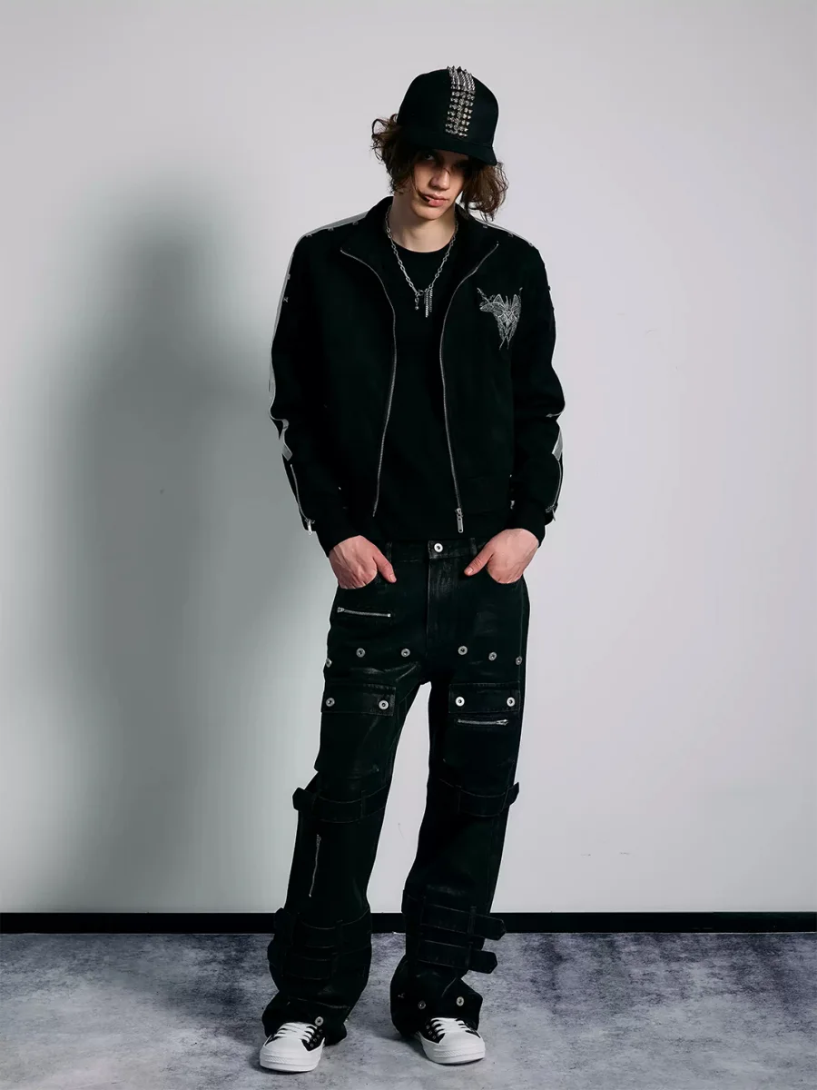 PAIKI | Slim-Fit Studded Wing Embroidered Stand-Collar Jacket - 4