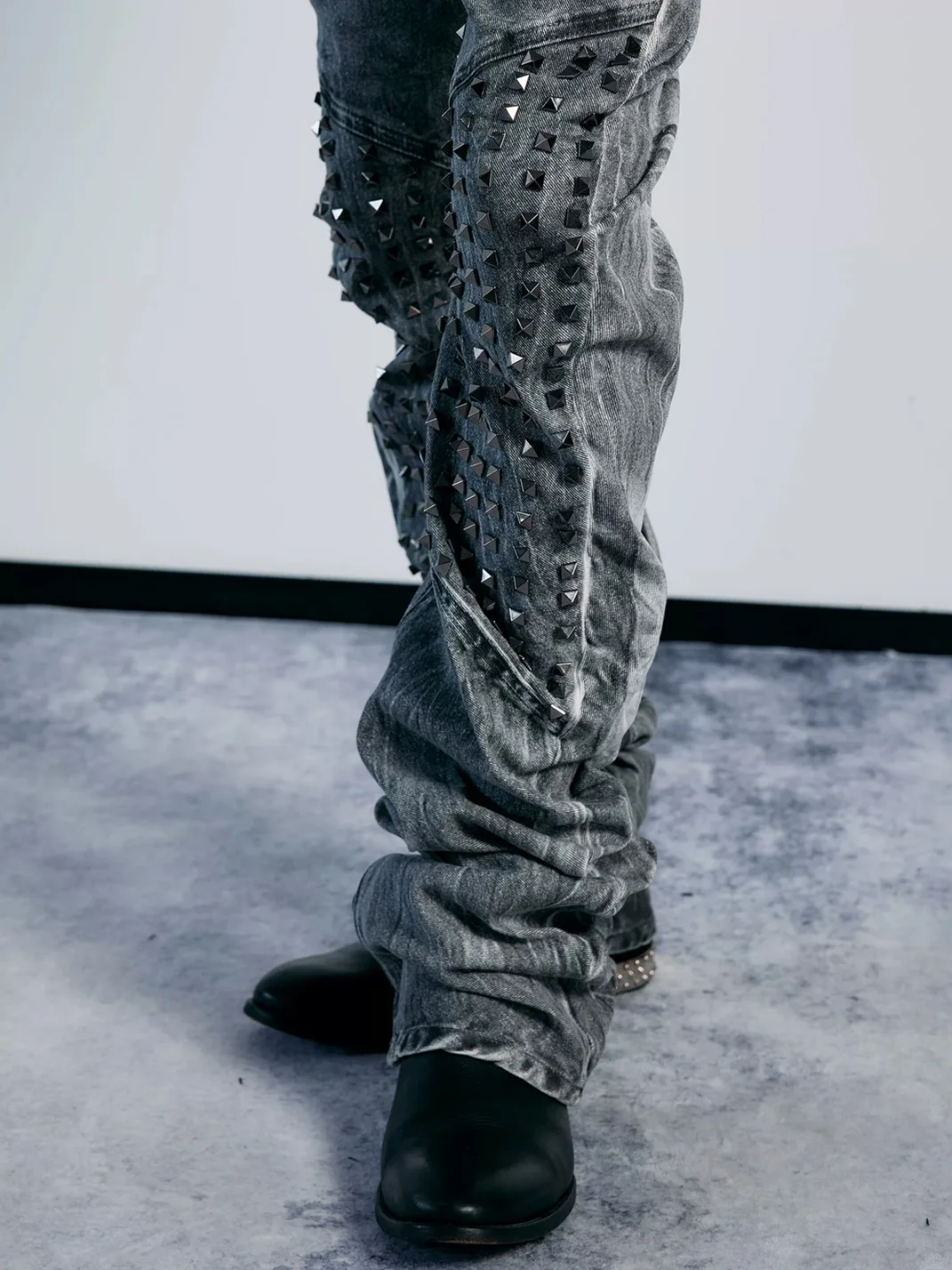 PAIKI | Studded Washed Curved-Leg Slim-Fit Stacked Jeans