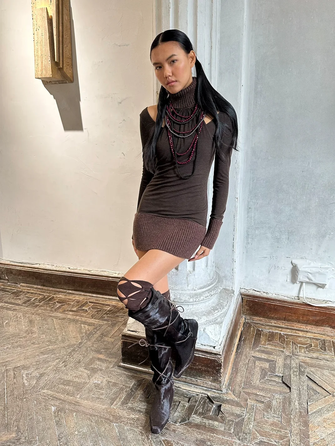 HOL!DAY | Layered Ribbed Turtleneck Long Sleeve Knit Dress
