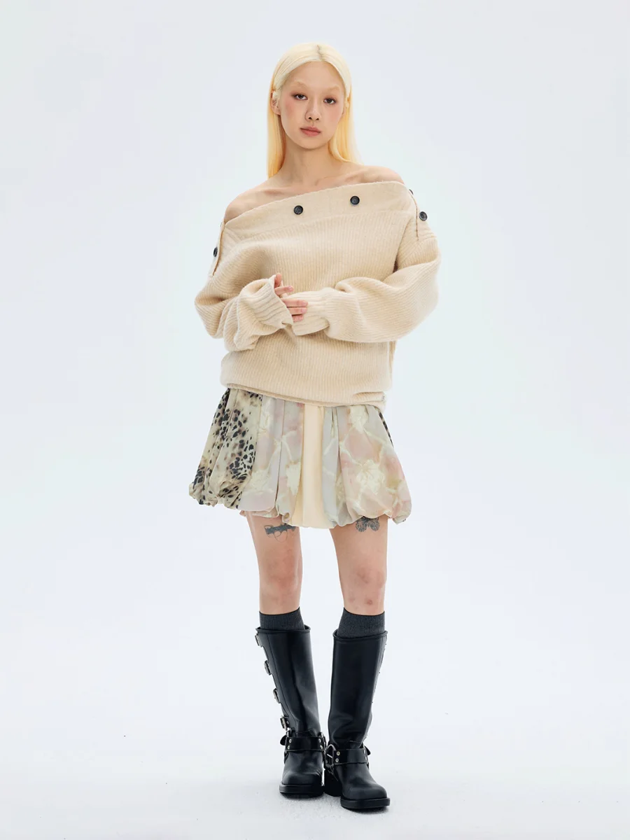 HORAHORA | Leopard Marble Print Patchwork Bubble Mini Skirt - 4