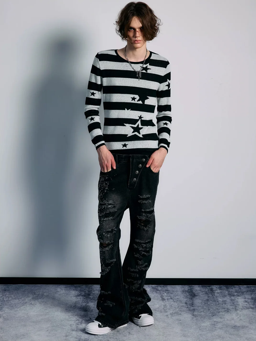 PAIKI | Rhinestone Distressed Asymmetric Button Slight Flare Jeans