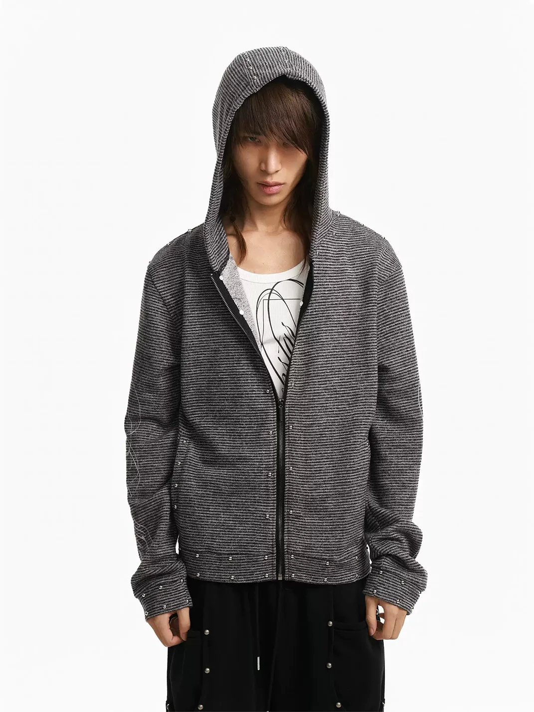 Rebrllion | Striped Studded Star Script Zip-Up Hoodie