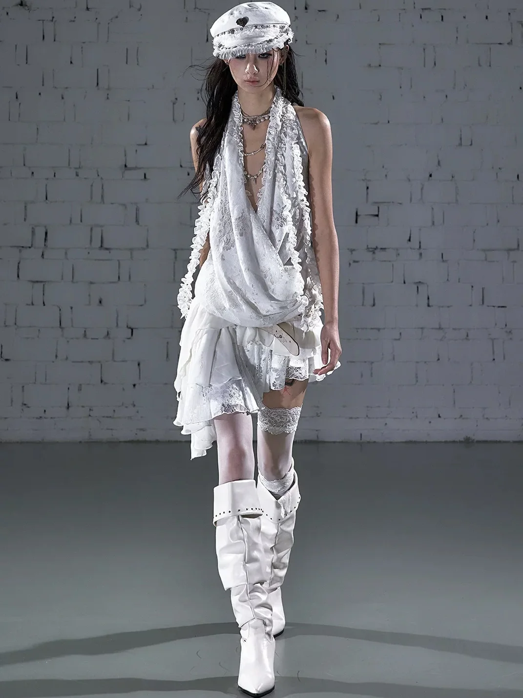 NO ROMANCE | Asymmetric Layered Lace Ruffle Halter Mini Dress