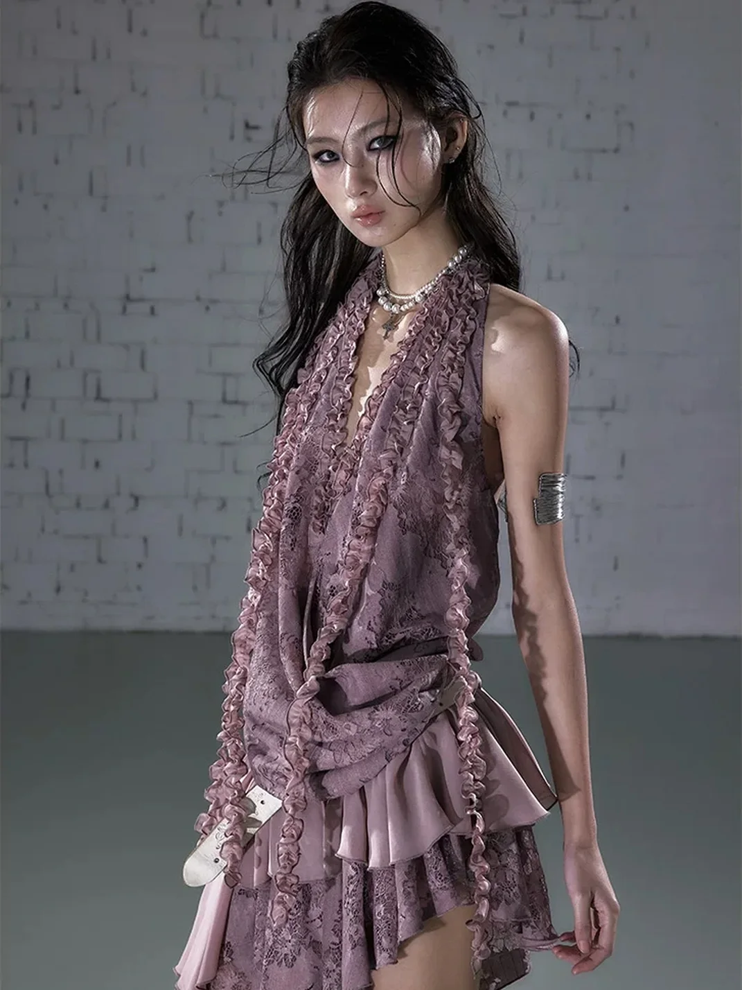NO ROMANCE | Asymmetric Layered Lace Ruffle Halter Mini Dress