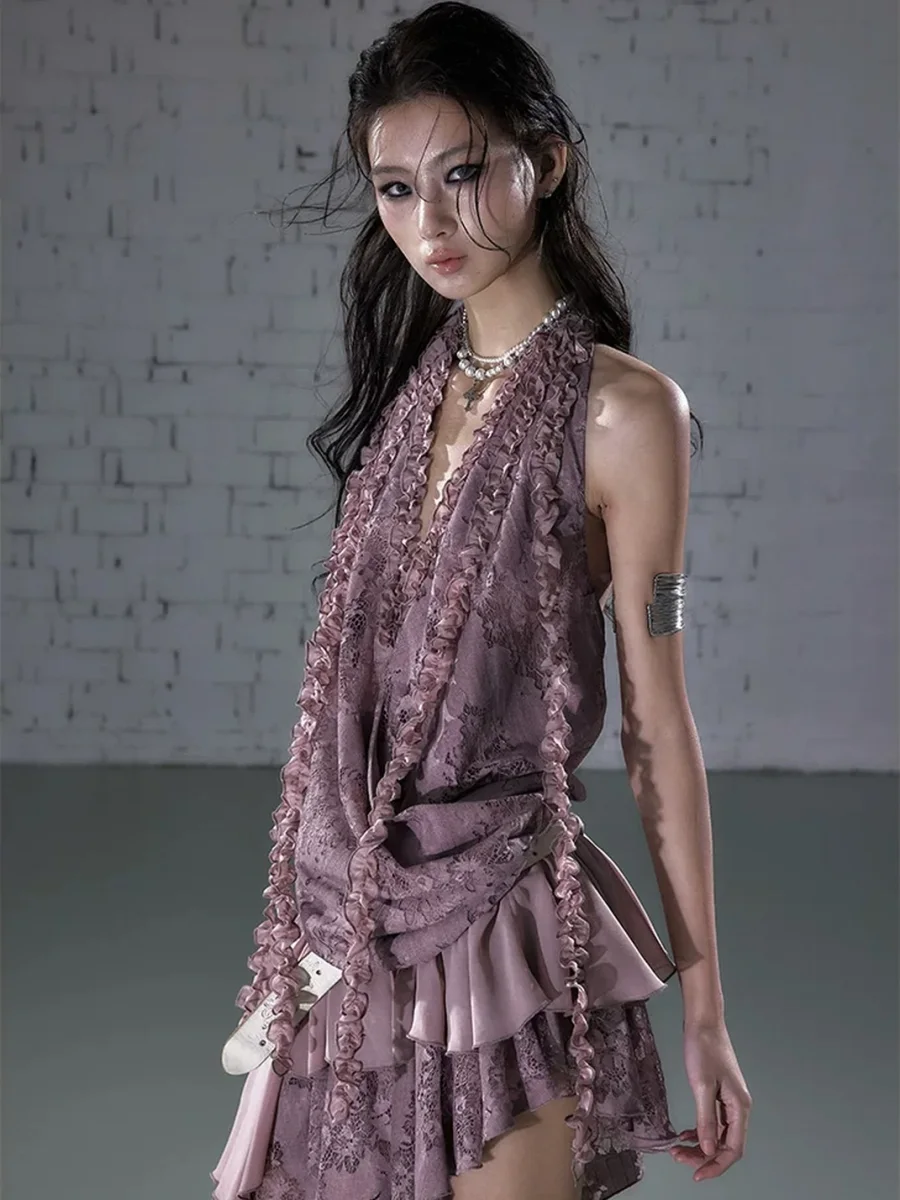 NO ROMANCE | Asymmetric Layered Lace Ruffle Halter Mini Dress - 2