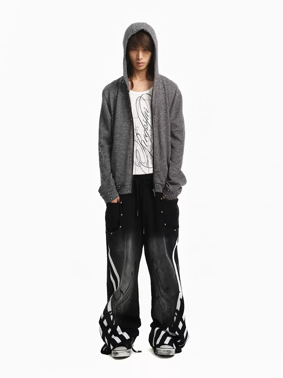 Rebrllion | Striped Studded Star Script Zip-Up Hoodie