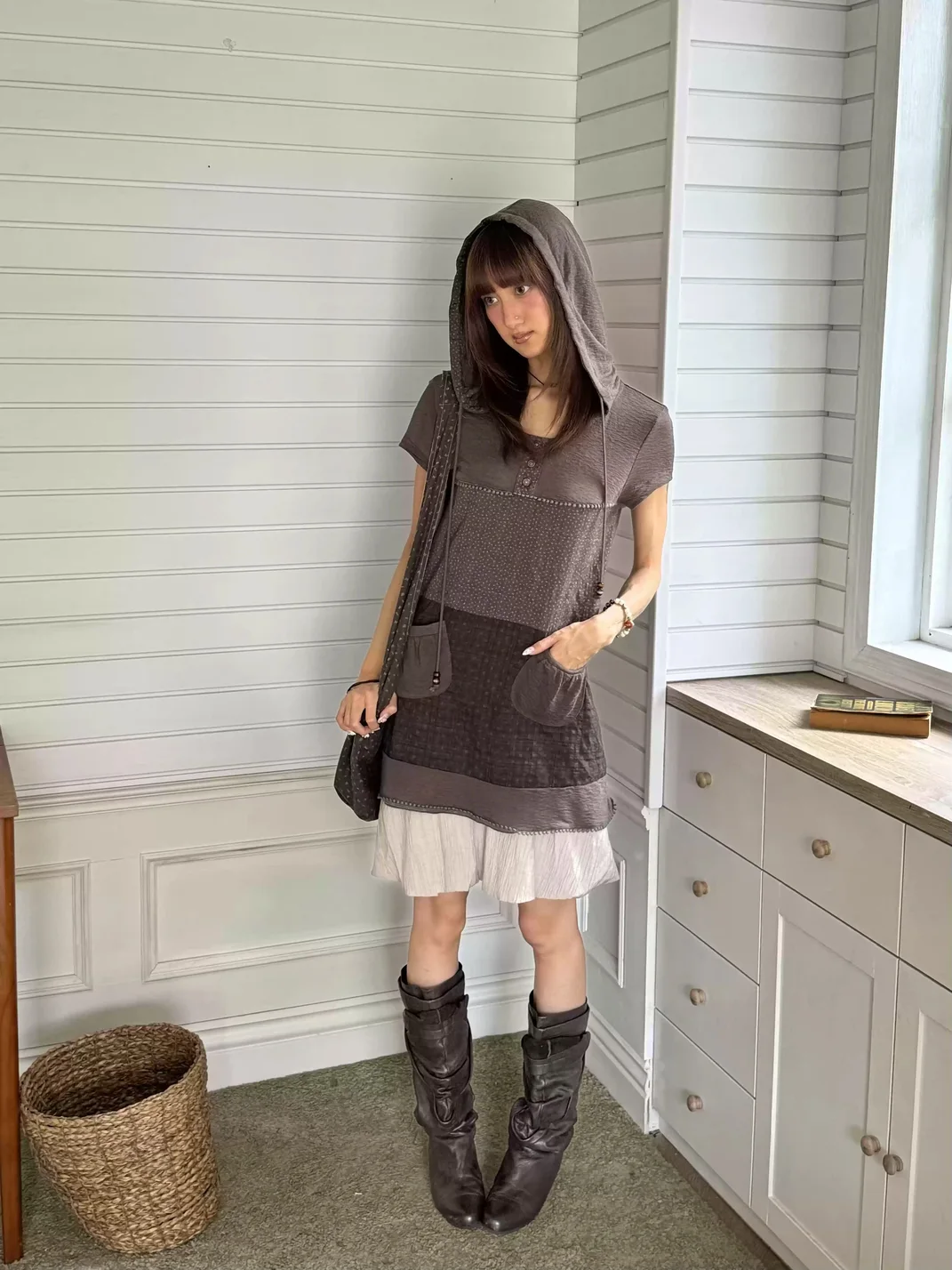 Andivogels | Floral Patchwork Hooded Short Sleeve Knit Dress