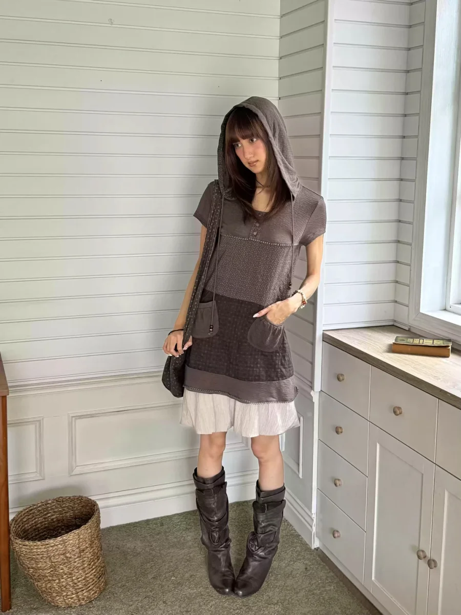 Andivogels | Floral Patchwork Hooded Short Sleeve Knit Dress - 2