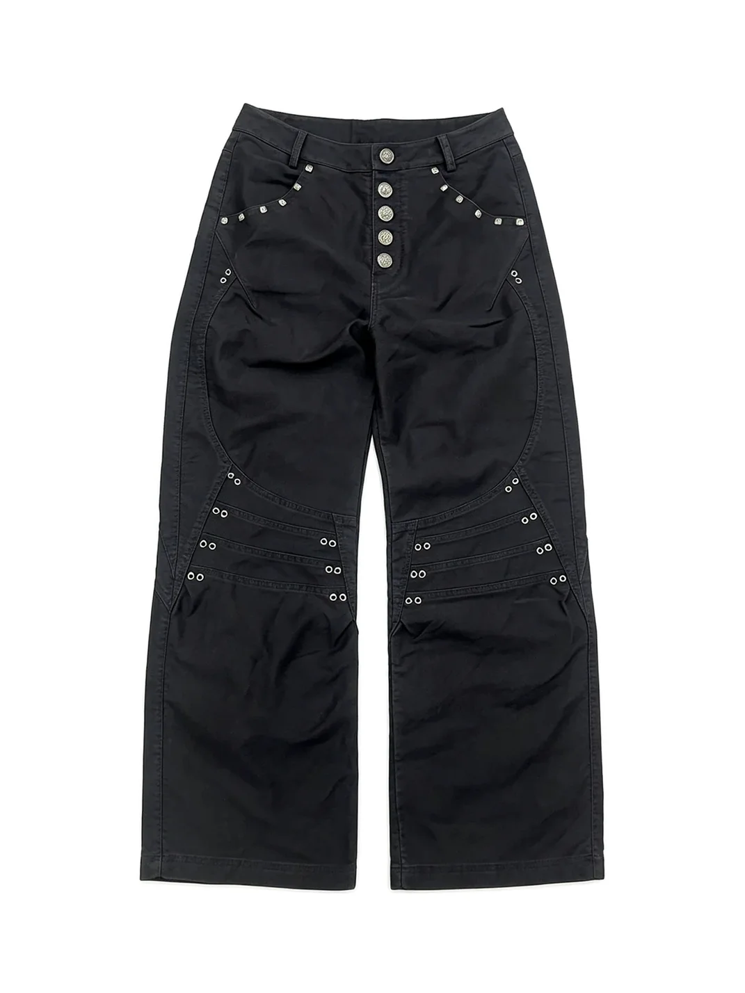 LuuuCam | Black Rivet Eyelet Deconstructed Wide-Leg Cargo Pants