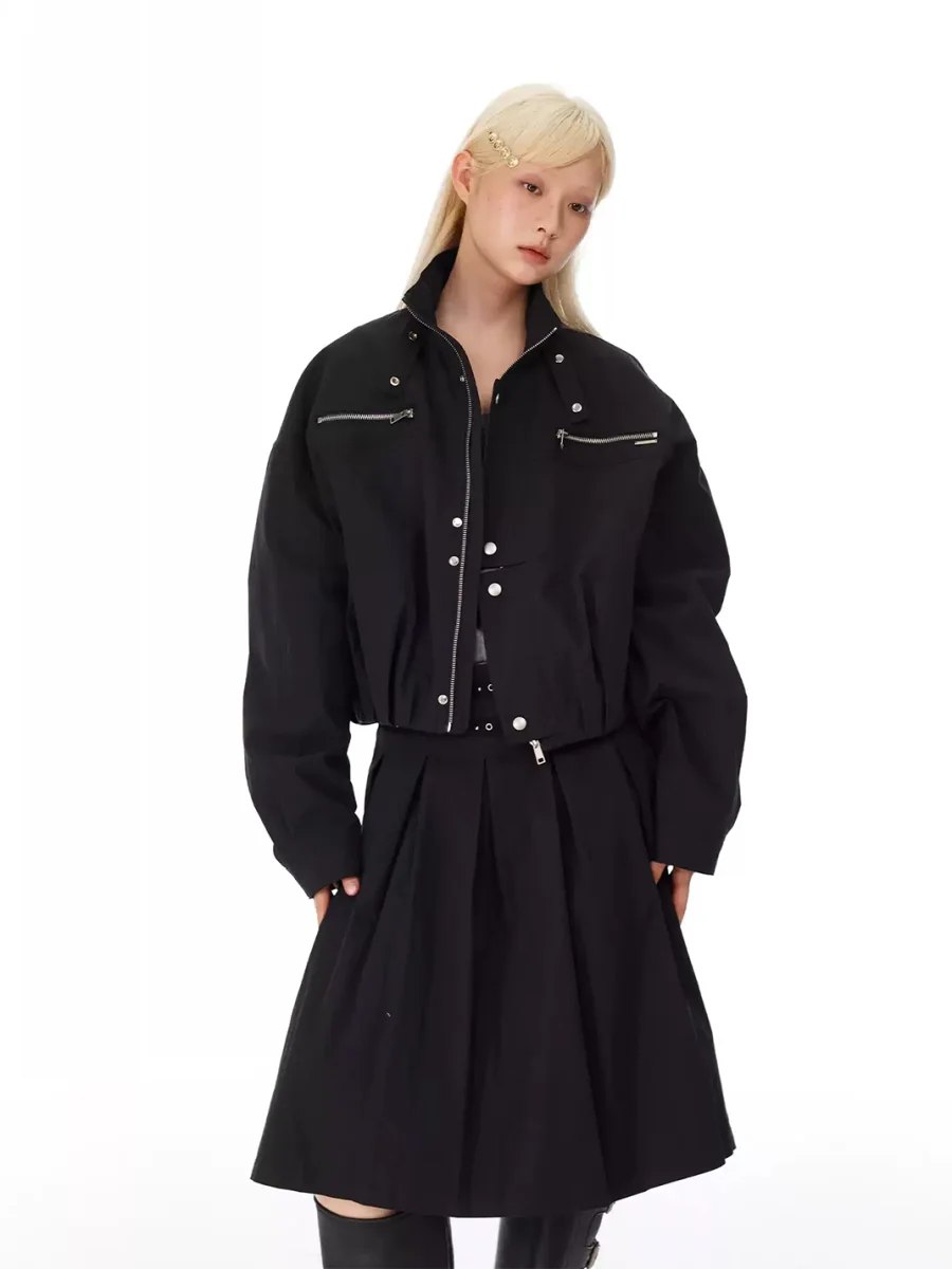 HORAHORA | Black Utility Jacket And A-Line Skirt Set - 2