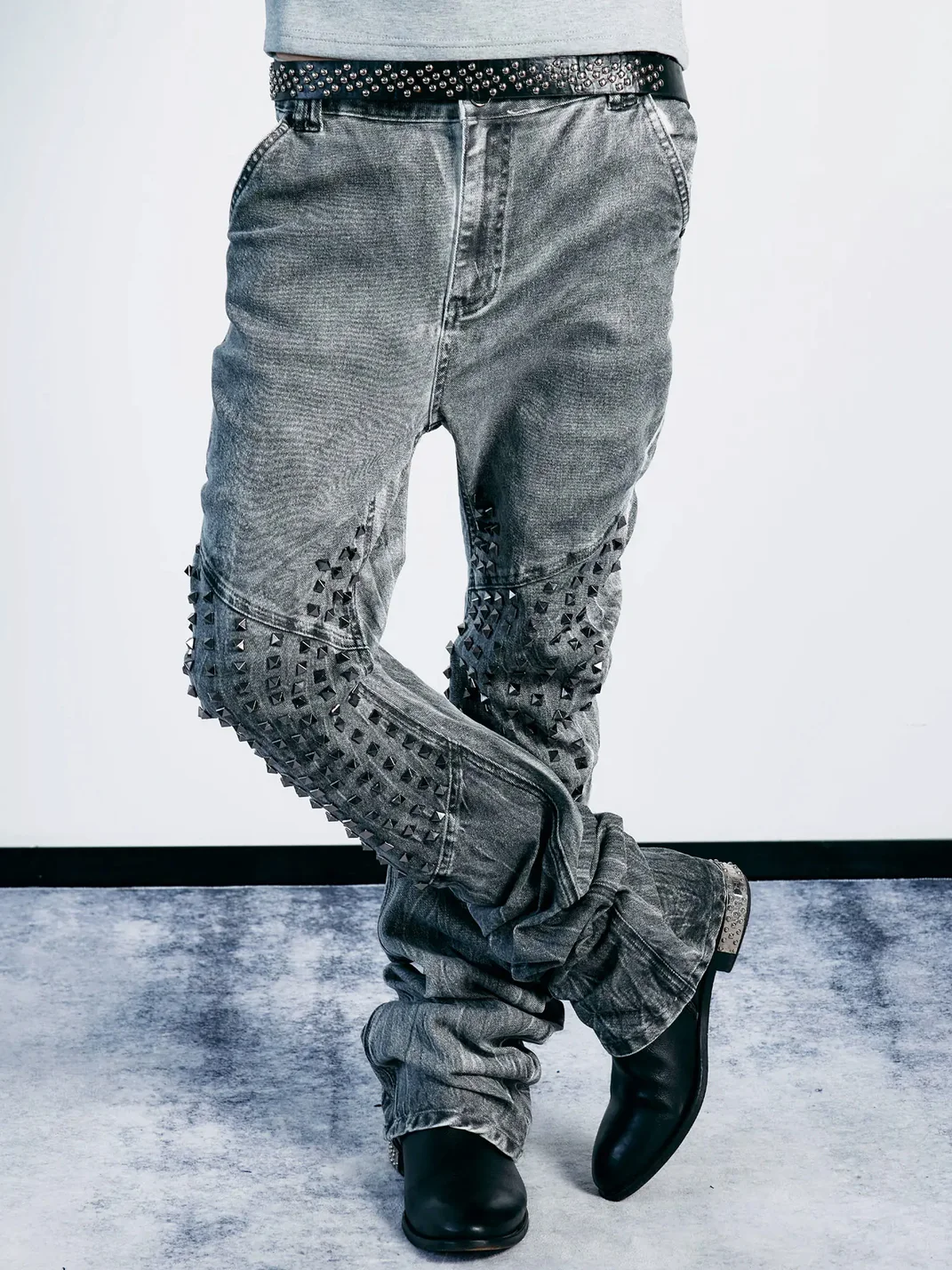 PAIKI | Studded Washed Curved-Leg Slim-Fit Stacked Jeans