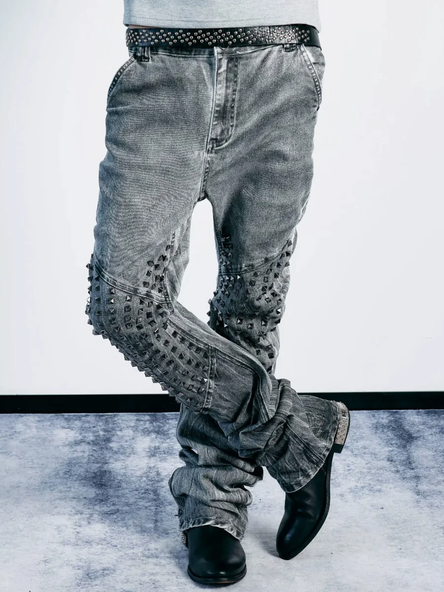 PAIKI | Studded Washed Curved-Leg Slim-Fit Stacked Jeans - 2