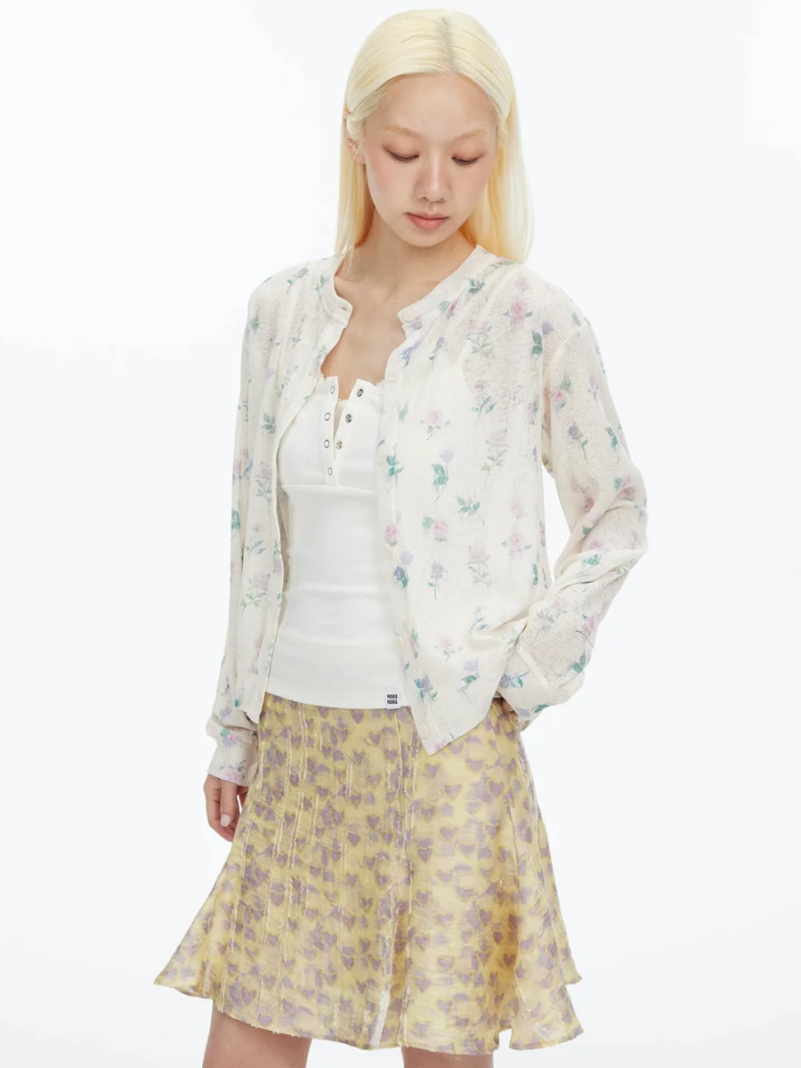 HORAHORA | Watercolor Rose Print Linen Blend Knit Cardigan - 3