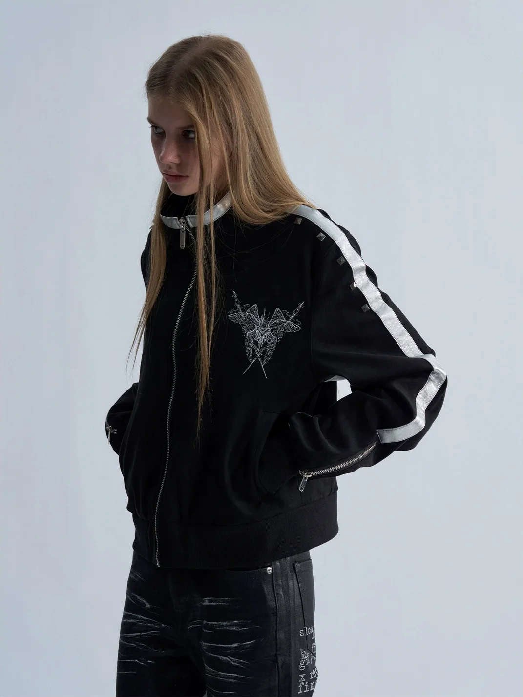 PAIKI | Slim-Fit Studded Wing Embroidered Stand-Collar Jacket