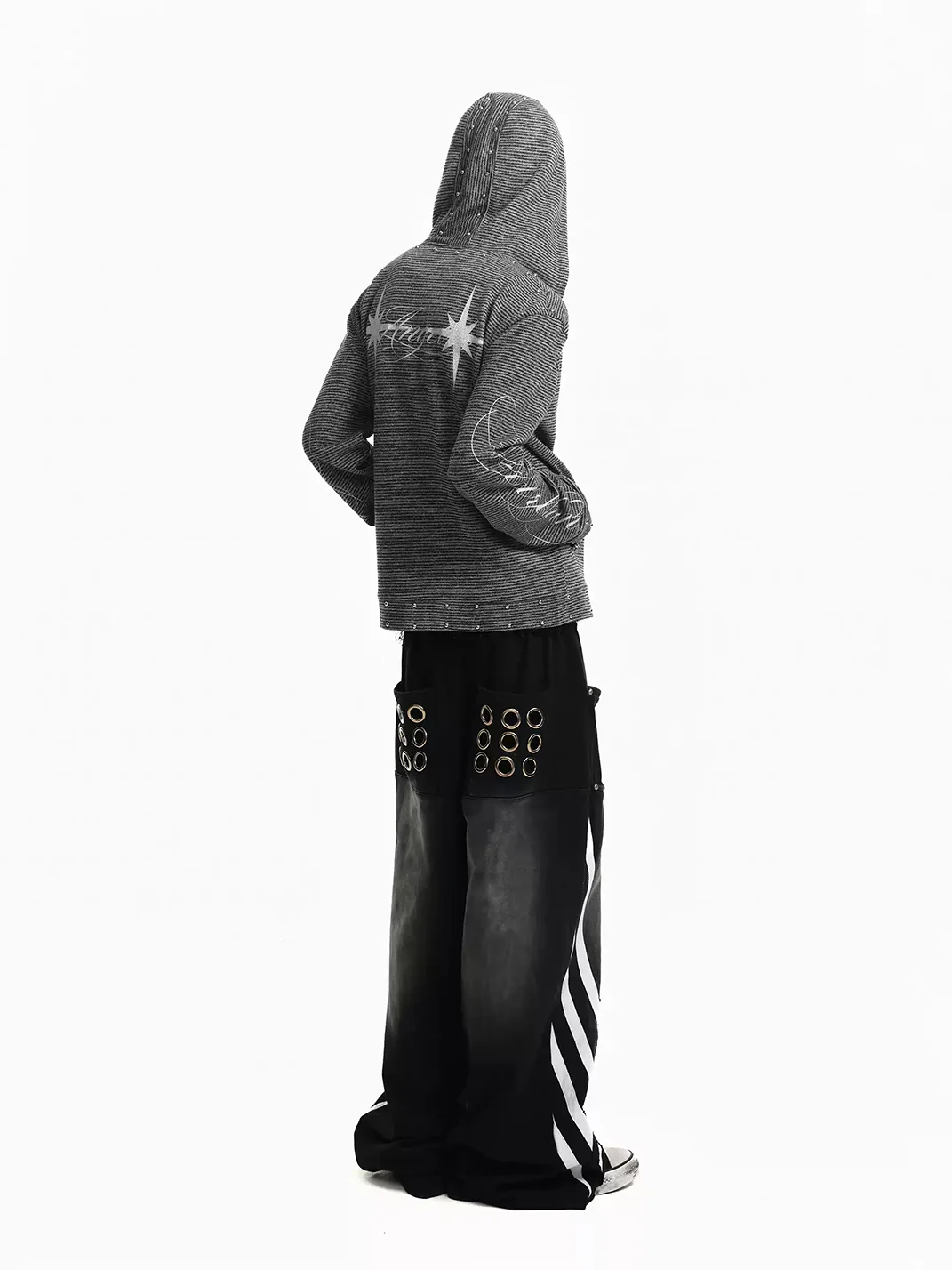 Rebrllion | Striped Studded Star Script Zip-Up Hoodie