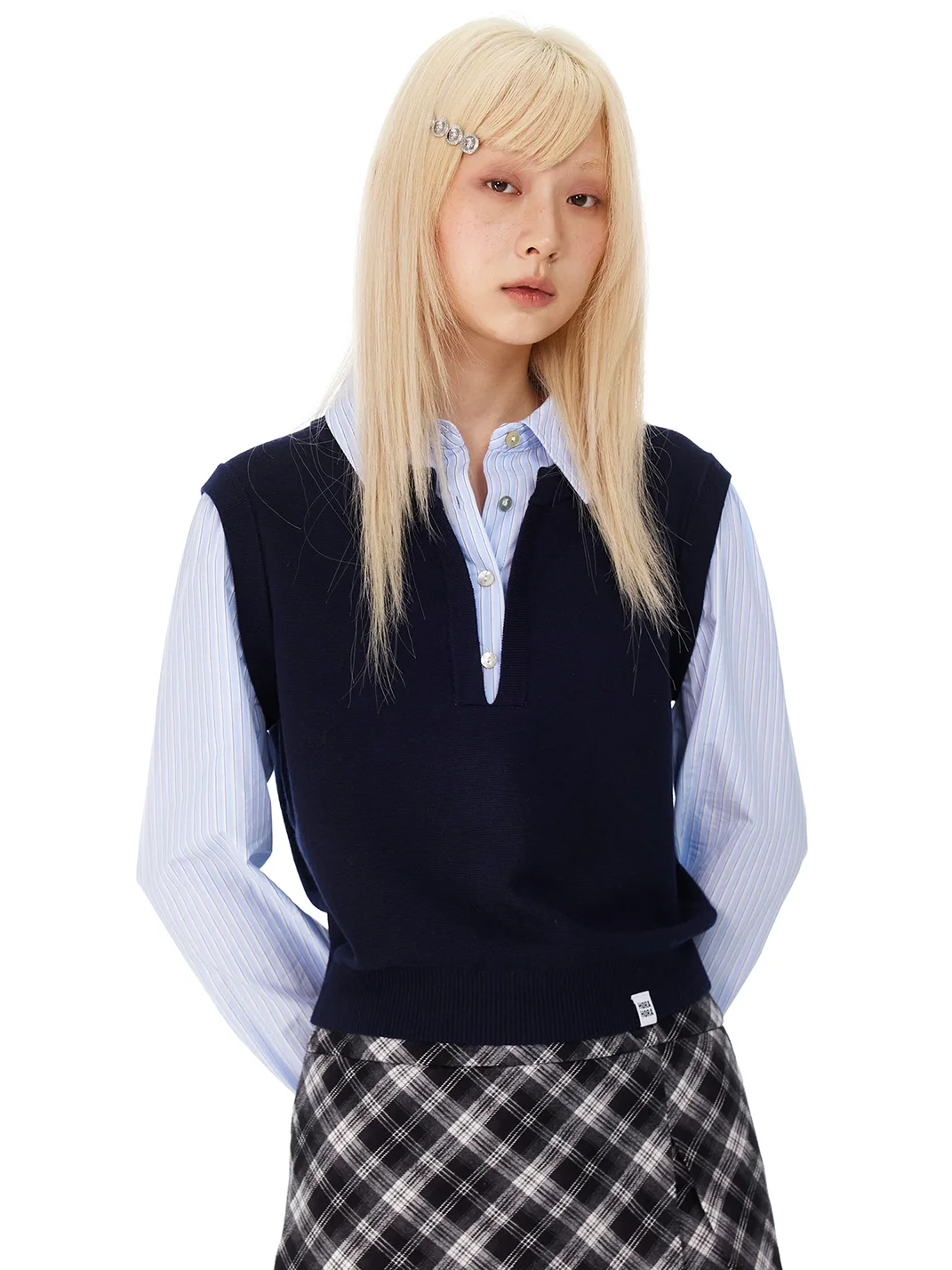 HORAHORA | Striped Shirt Collar Faux Two-Piece Knit Sweater