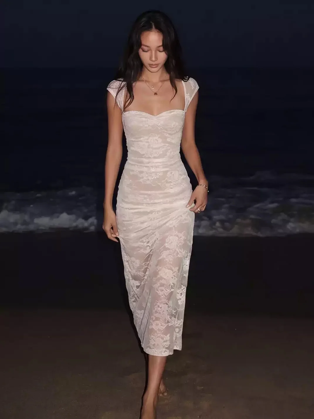 SylCue | Square Neck Fitted Lace Long Dress