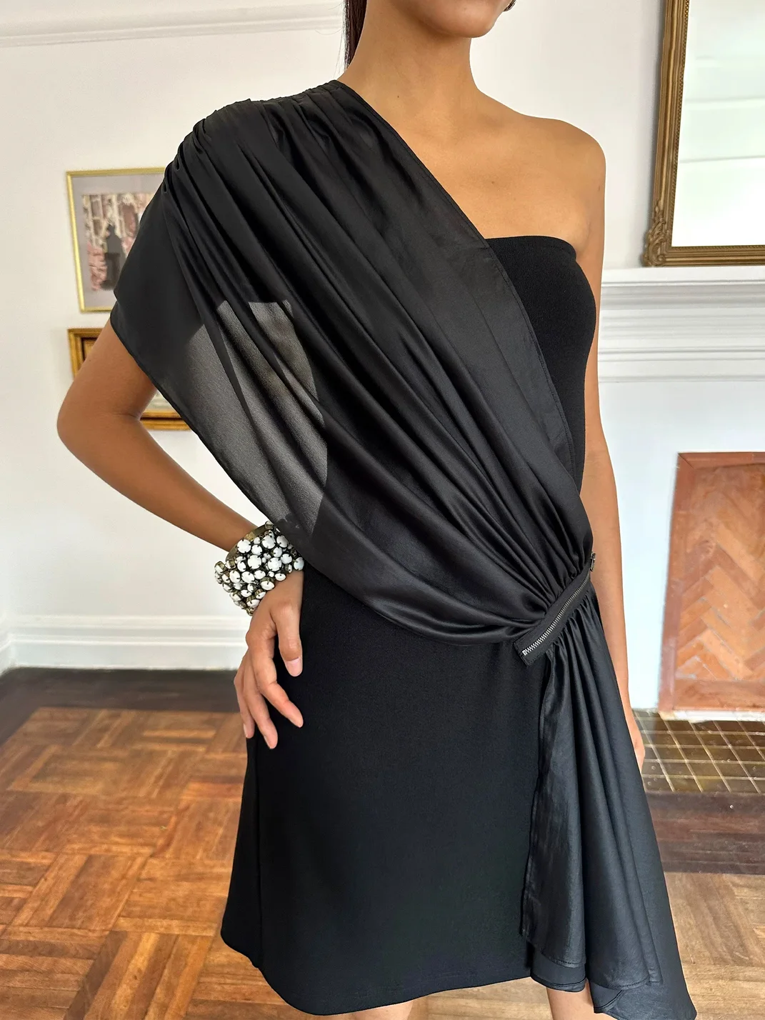 HOL!DAY | Draped Ruched Coated Chiffon Strapless Zipper Dress