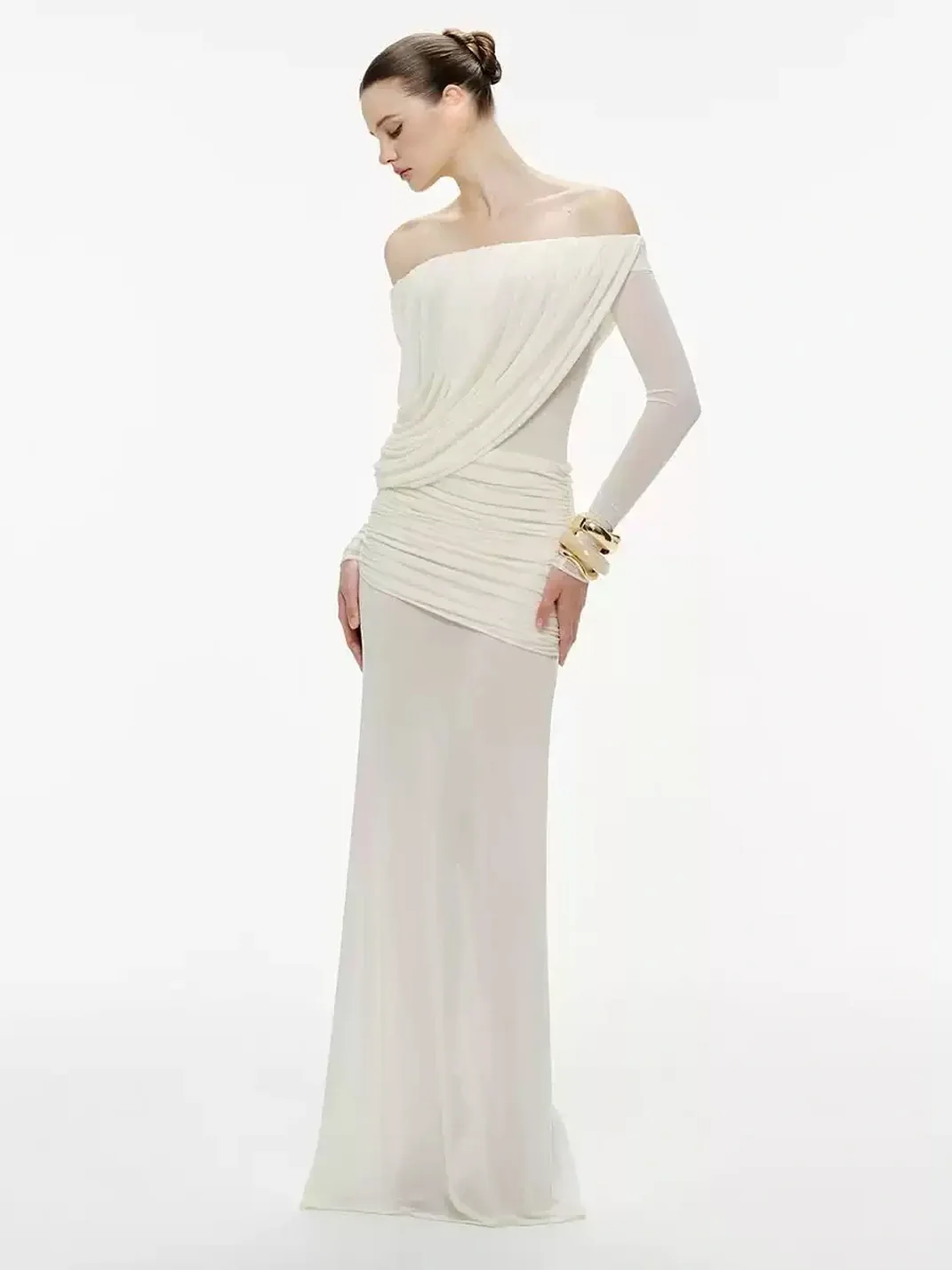 GDNH | Off-Shoulder Ruched Mesh Slim-Fit Maxi Dress