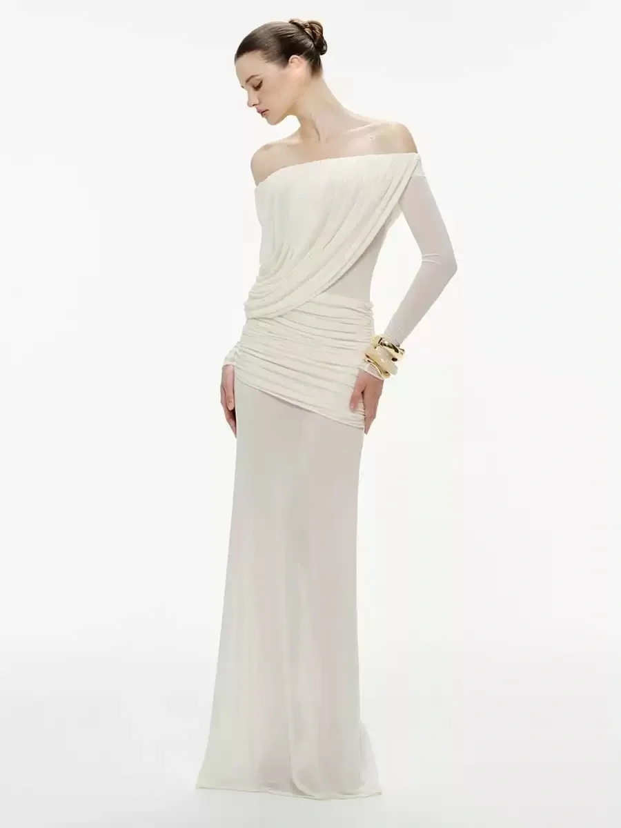 GDNH | Off-Shoulder Ruched Mesh Slim-Fit Maxi Dress - 4