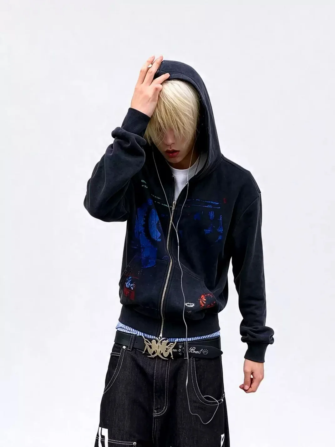 LuuuCam | Washed Alien Graphic Cropped Zip-Up Hoodie