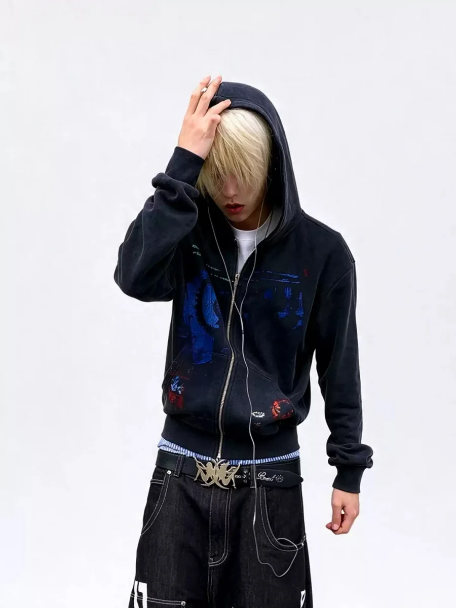 LuuuCam | Washed Alien Graphic Cropped Zip-Up Hoodie - 3