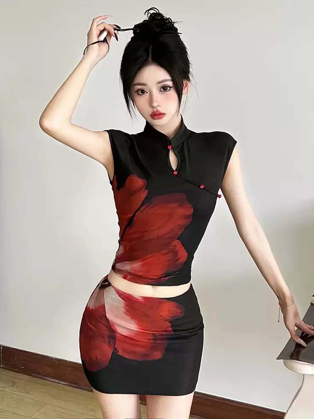 GDNH | Qipao Collar Printed Crop Top And Skirt Set
