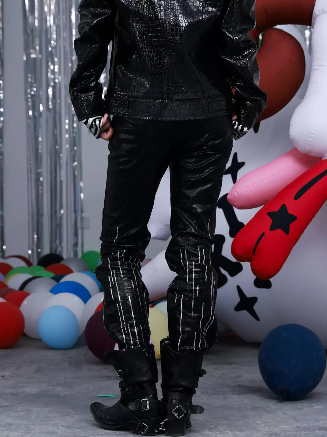 PAIKI | Sequin-Embroidered Slim-Fit Straight-Leg Faux Leather Pants