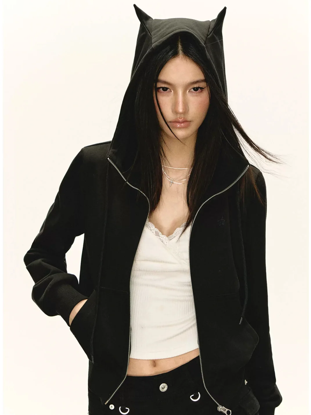 ARISEISM | Cropped Devil Ear Zip-Up Hoodie