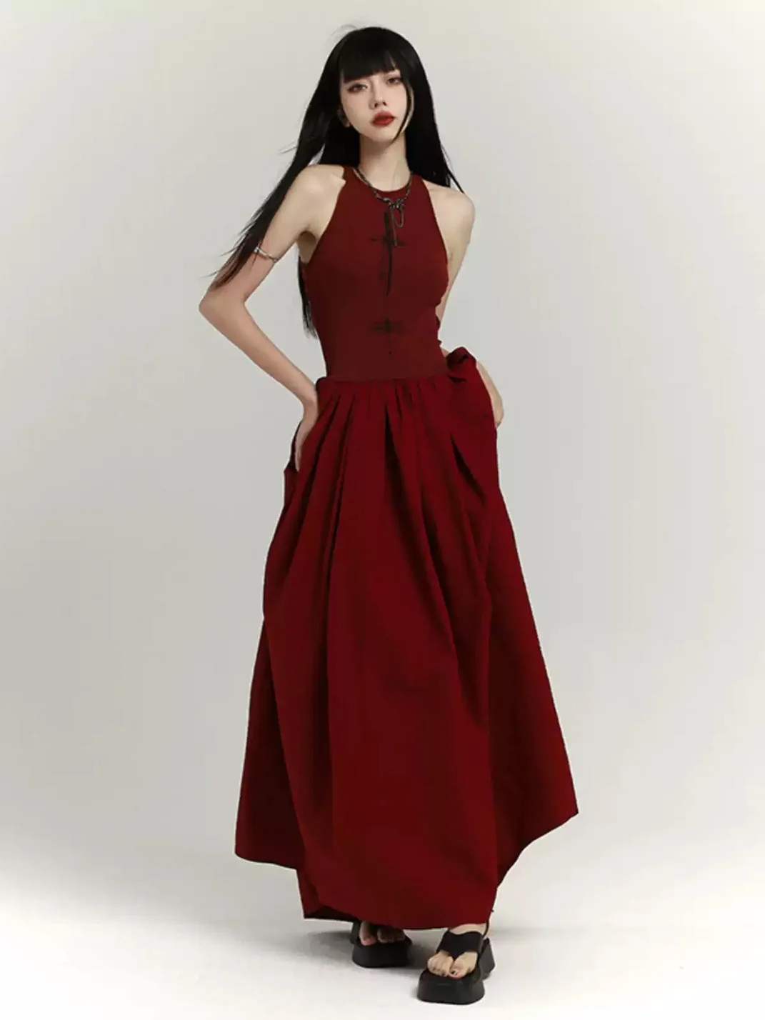LADYGHOST | Red Fitted Waist Maxi Dress