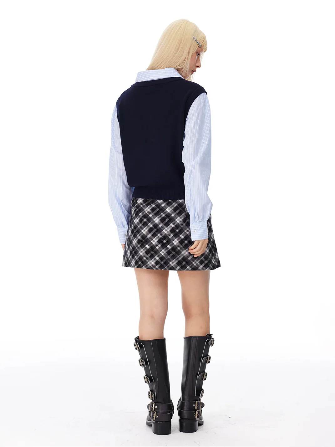 HORAHORA | Striped Shirt Collar Faux Two-Piece Knit Sweater