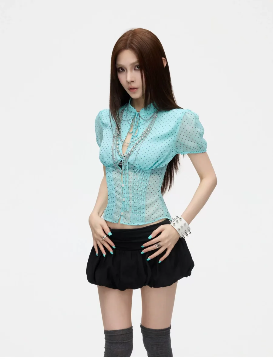 Common in 0120 | Polka Dot Tie-Neck Fitted Puff Sleeve Shirt - 2