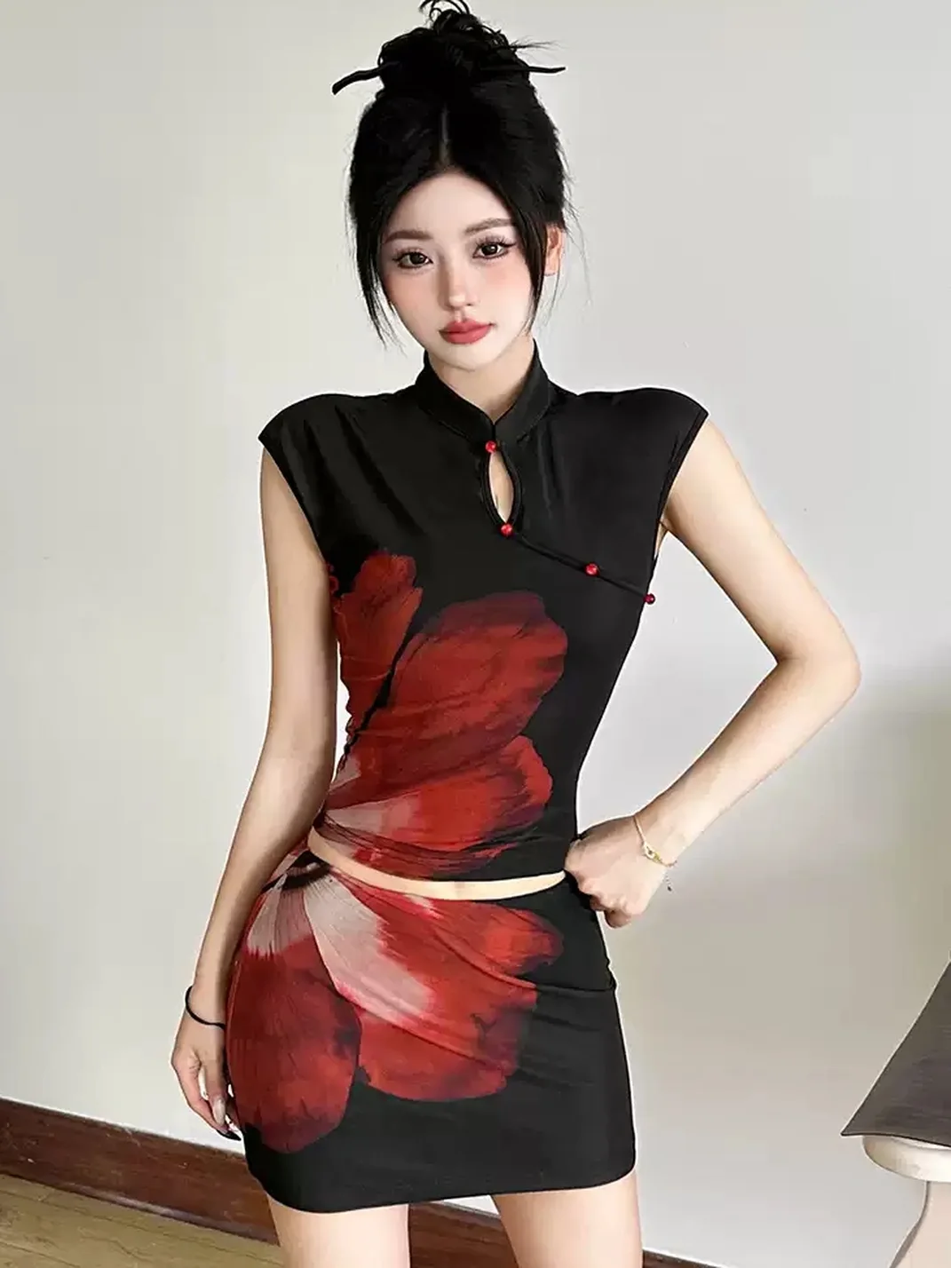GDNH | Qipao Collar Printed Crop Top And Skirt Set