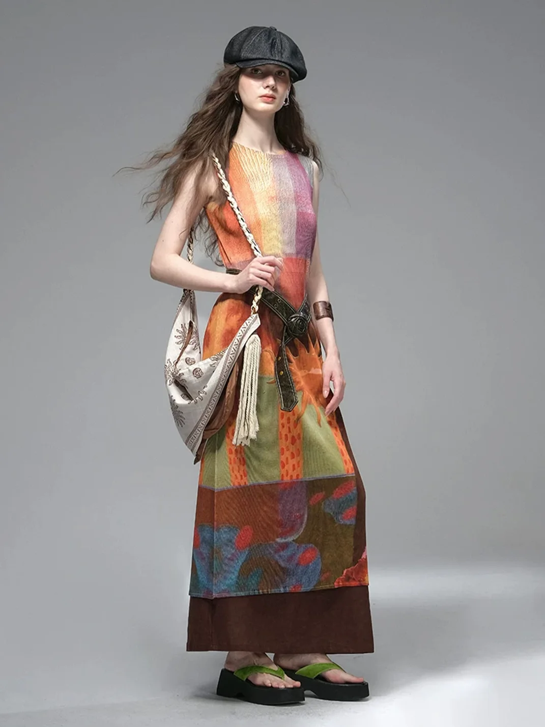 UNSOYAO OFFICE | Retro Print Pleated Dress With Belt