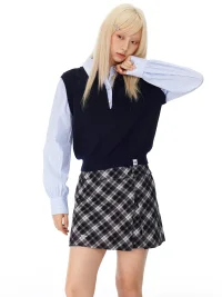 HORAHORA | Striped Shirt Collar Faux Two-Piece Knit Sweater