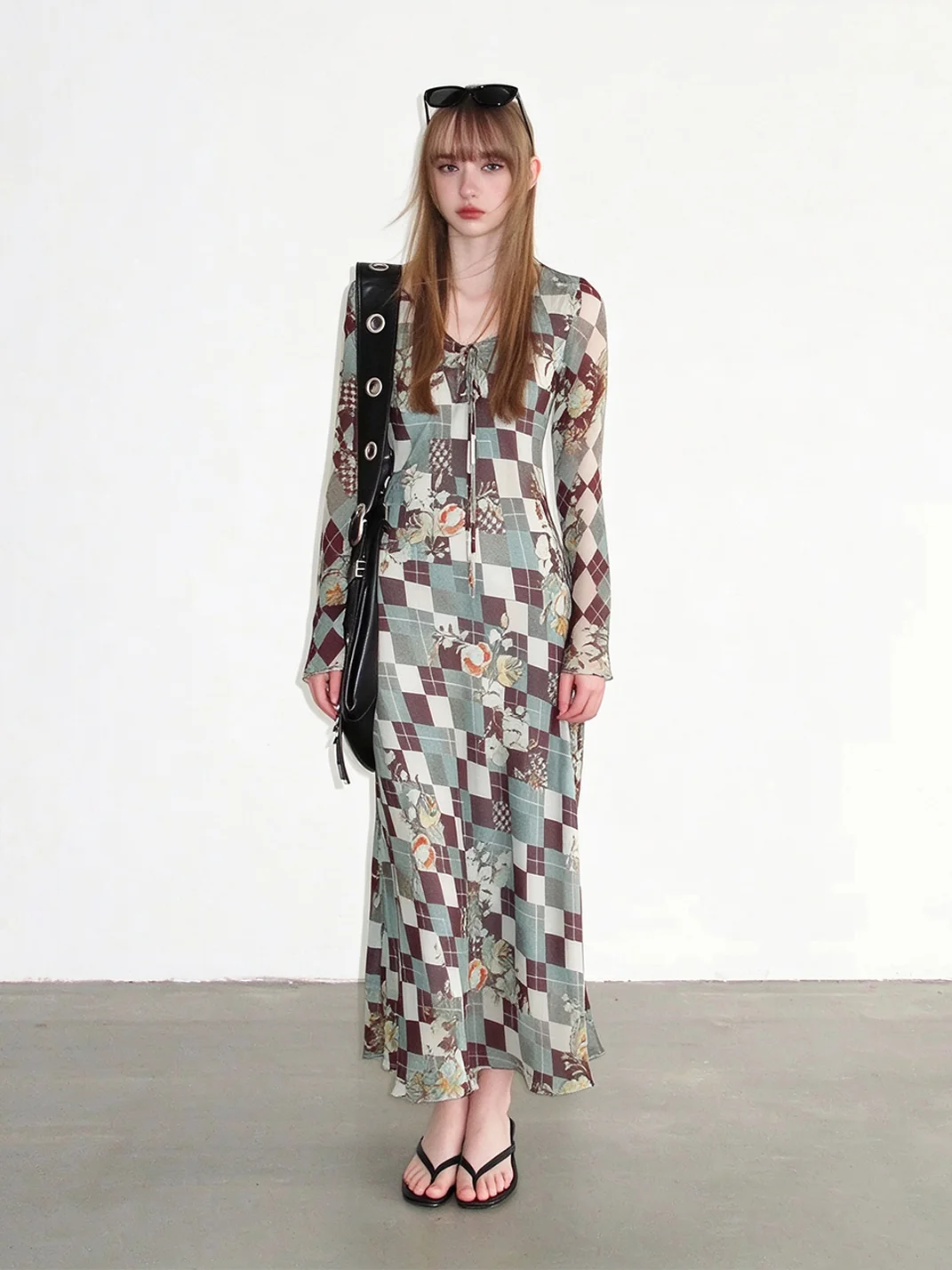 UNSOYAO OFFICE | Diamond Check Bias-Cut Long Sleeve Chiffon Dress