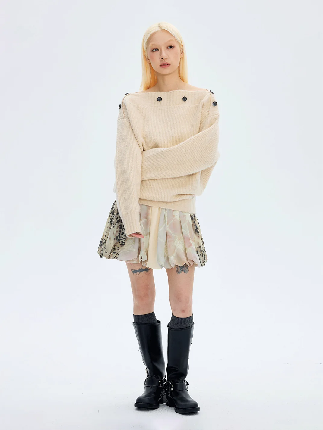 HORAHORA | Leopard Marble Print Patchwork Bubble Mini Skirt