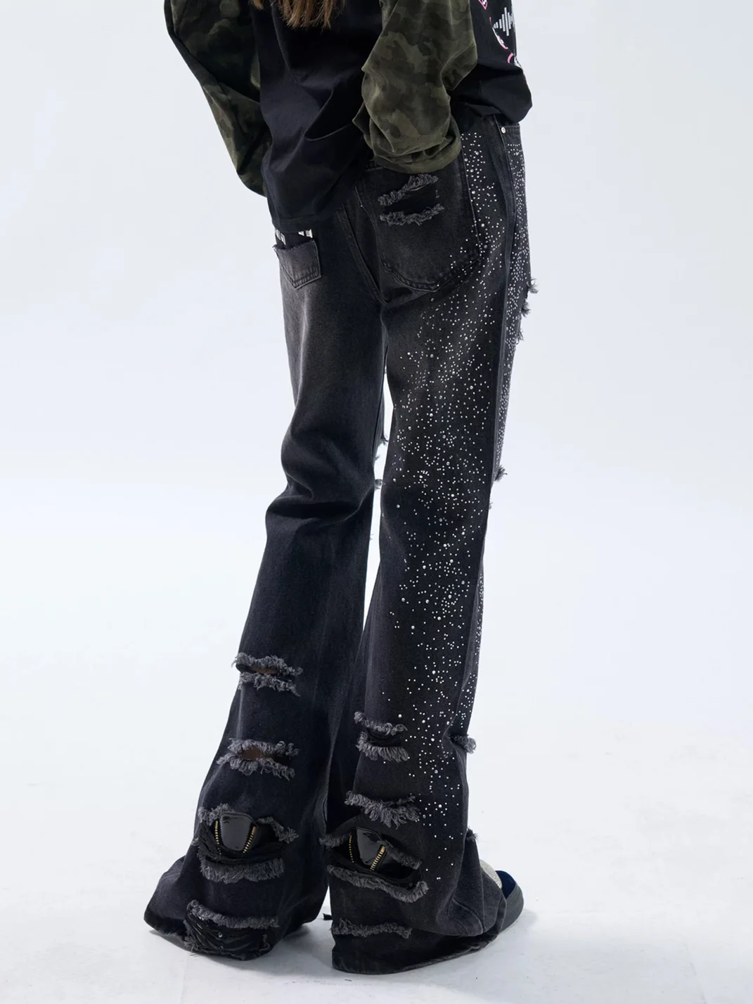 PAIKI | Rhinestone Distressed Asymmetric Button Slight Flare Jeans