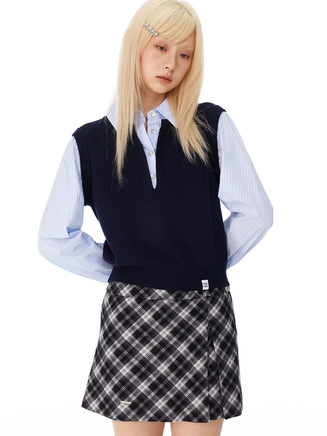 HORAHORA | Striped Shirt Collar Faux Two-Piece Knit Sweater