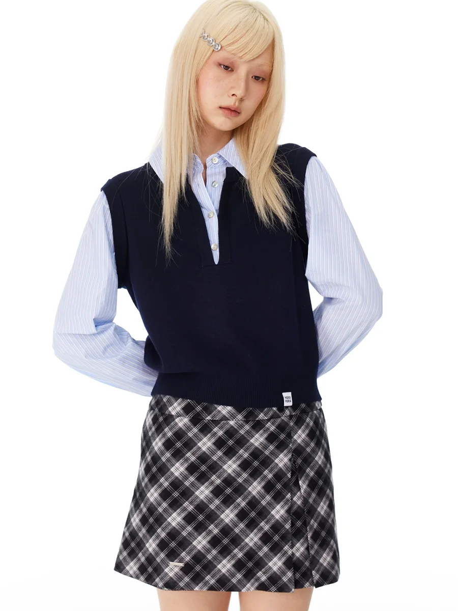 HORAHORA | Striped Shirt Collar Faux Two-Piece Knit Sweater - 3