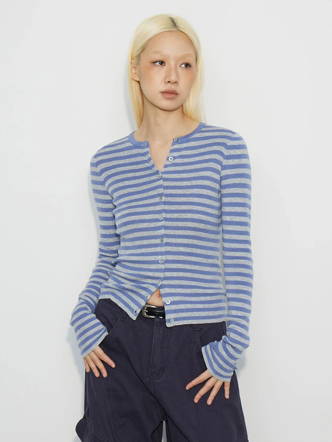 HORAHORA | Slim-Fit Striped Round-Neck Knit Cardigan