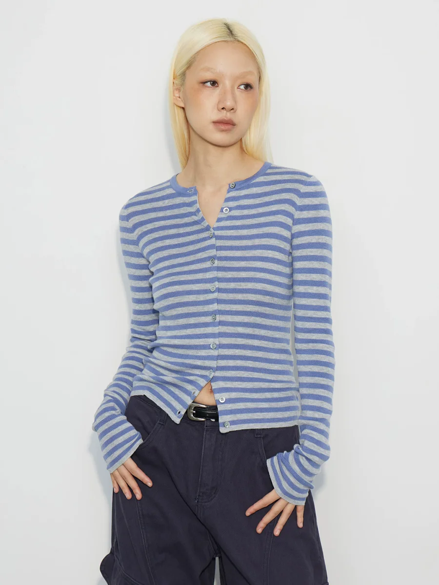 HORAHORA | Slim-Fit Striped Round-Neck Knit Cardigan - 2