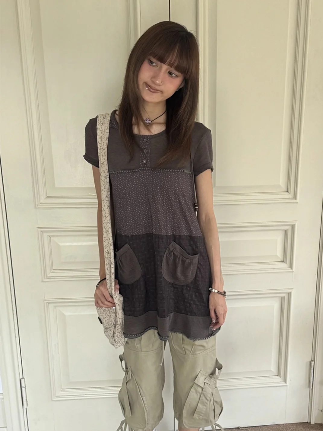 Andivogels | Floral Patchwork Hooded Short Sleeve Knit Dress