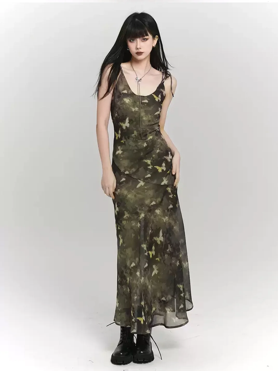 LADYGHOST | Green Butterfly Print Slim-Fit Cami Maxi Dress