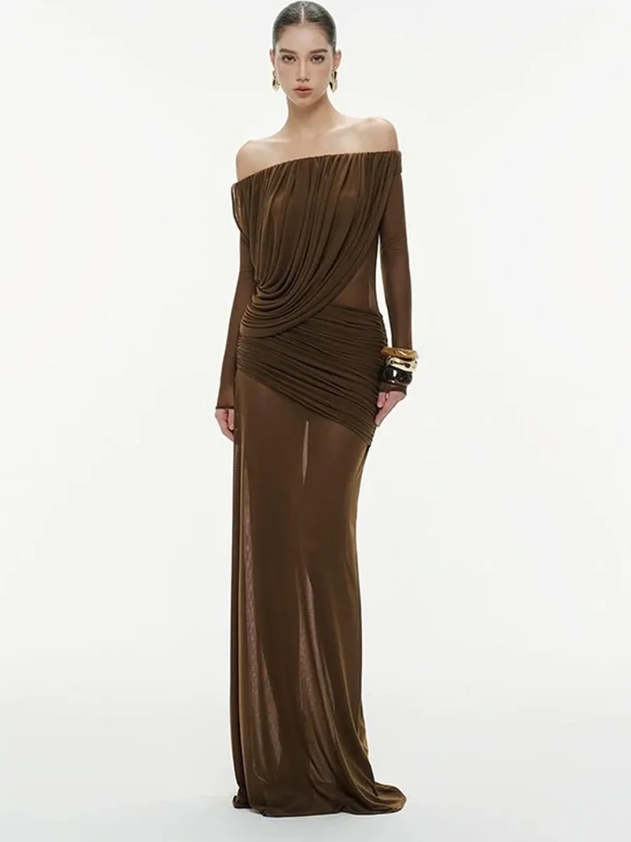 GDNH | Off-Shoulder Ruched Mesh Slim-Fit Maxi Dress - 3