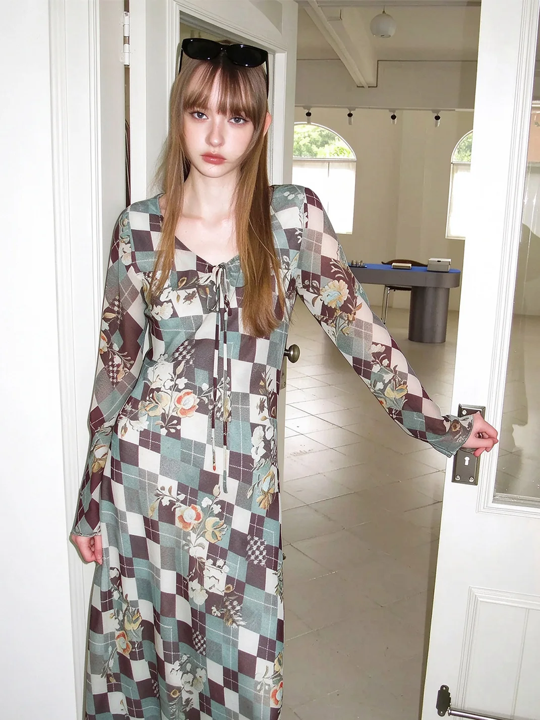 UNSOYAO OFFICE | Diamond Check Bias-Cut Long Sleeve Chiffon Dress